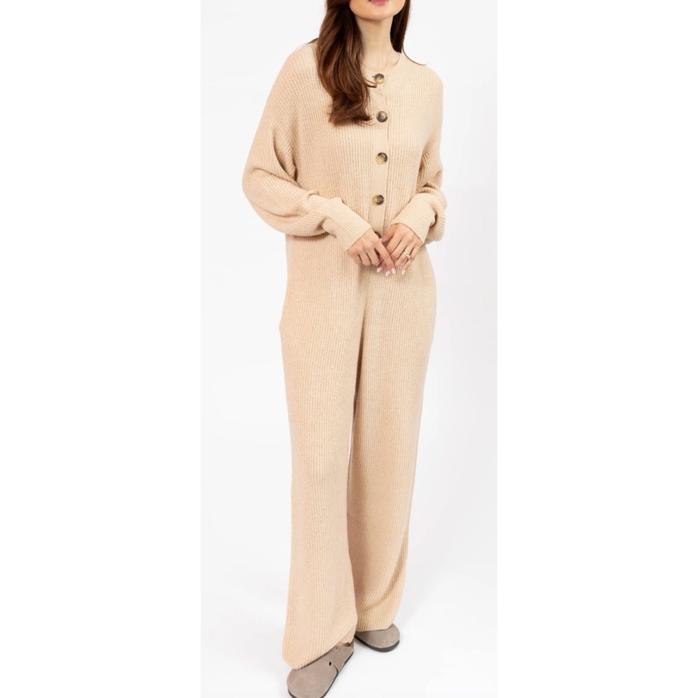 Smash + Tess Millie Ribbed Wide Leg Romper in Toasted Beige